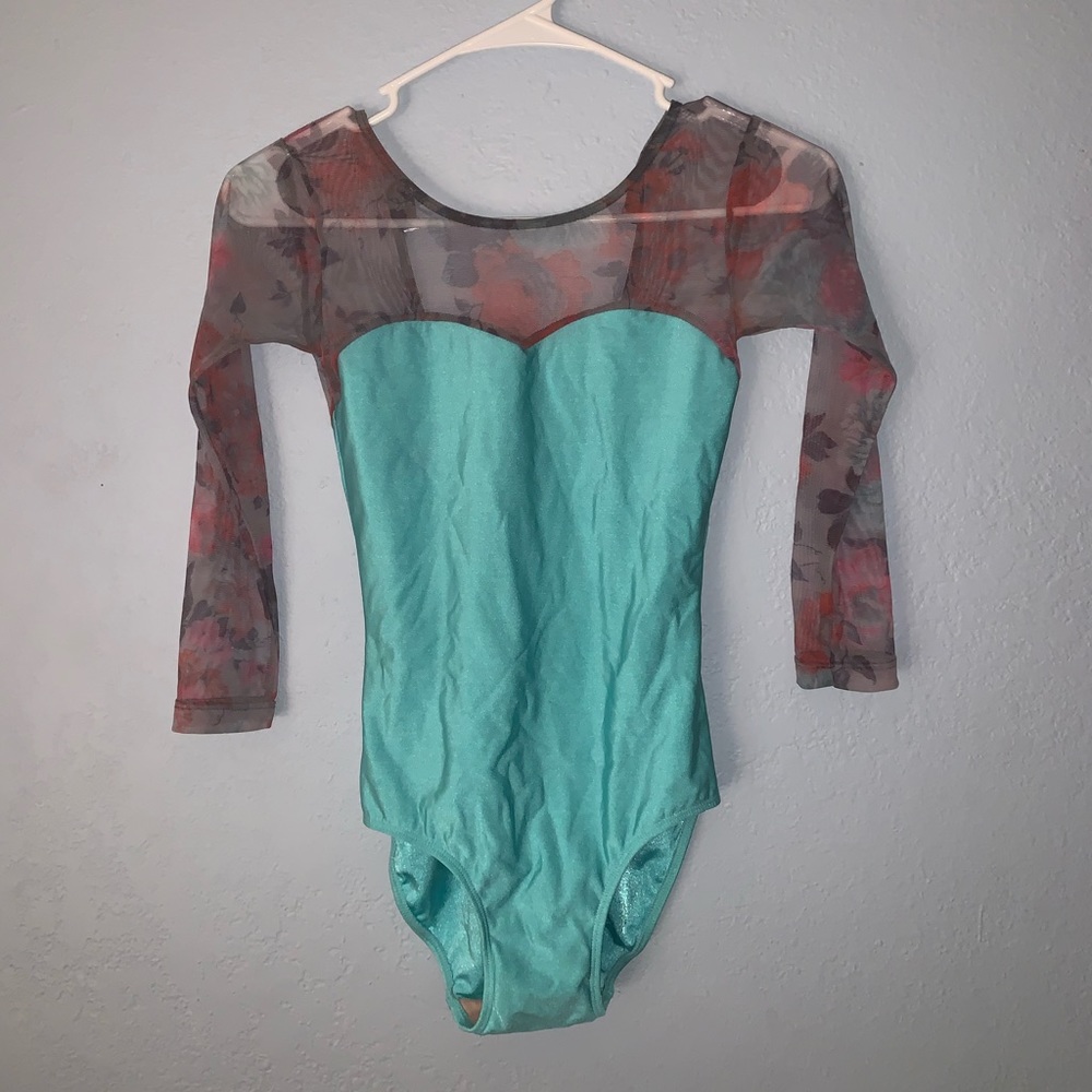 ELEVE LEOTARD. Turquoise and flower mesh top.